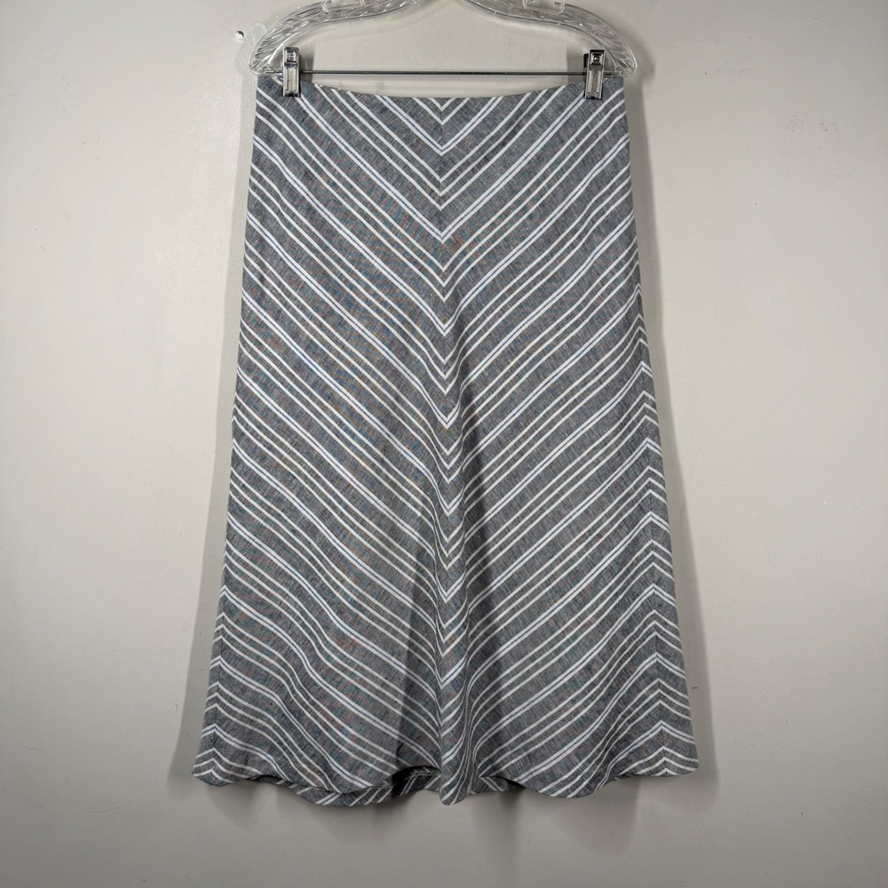 Talbots Petites Grey White Blue Chevron Stripe Linen Blend A-Line Midi Skirt 8P